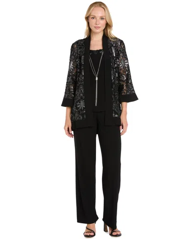 R & M Richards Petite Metallic Jacquard Mother Of The Bride Top, Jacket, And Pants, 3-piece Outfit In Black