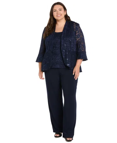 R & M Richards Plus Size Sequin Lace Wide-leg Jacket, Tank, And Pants, 3-piece Set In Blue
