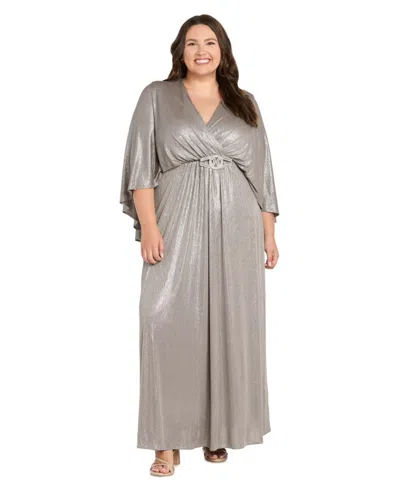 R & M Richards Plus Size Social Drape V-neck Wedding Guest Rhinestone-embellished Gown In Silver