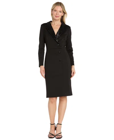 R & M Richards Women's Long-sleeve V-neck Scuba Tuxedo Dress In Black
