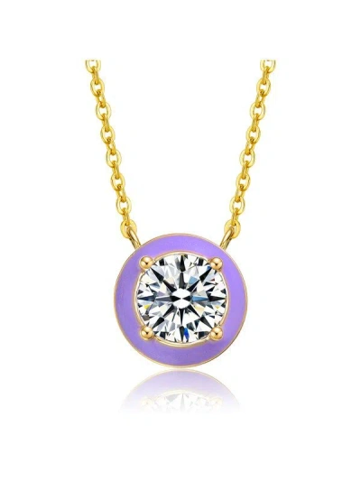 Rachel Glauber 14k Yellow Gold Plated With Clear Cubic Zirconia Purple Enamel Round Pendant Necklace