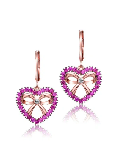 Rachel Glauber 18k Rose Gold Plated Heart Dangle Earrings With Clear And Ruby Cubic Zirconia In Purple