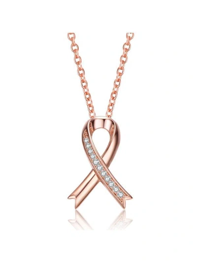 Rachel Glauber Teens/young Adults 18k Rose Gold Plated With Clear Cubic Zirconia Ribbon Pendant Necklace In Silver
