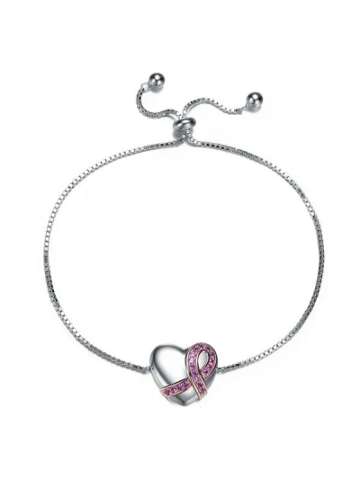 Rachel Glauber Teens/young Adults White Gold Plated With Heart Charm Adjustable Bracelet In Pink