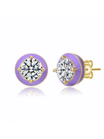 Rachel Glauber Young Adults/teens 14k Yellow Gold Plated With Clear Cubic Zirconia Amethyst Enamel Round Stud Earri In Silver