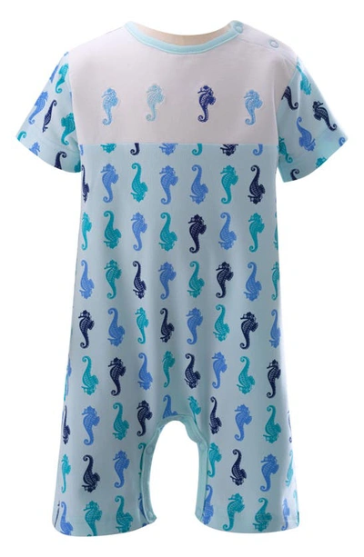 Rachel Riley Babies' Seahorse Print Embroidered Cotton Knit Romper In Blue