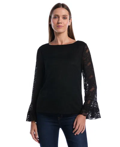 Rafaella Petite Boat Neck Lace Long-ruffle-sleeve Blouse In Black