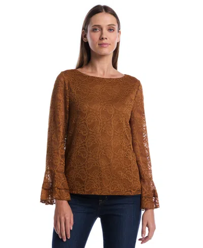 Rafaella Petite Boat Neck Lace Long-ruffle-sleeve Blouse In Brown