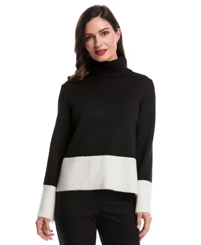Rafaella Petite Color Block Trim Turtleneck Long Sleeve Sweater In Black