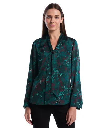 Rafaella Petite Long-sleeve Floral-print V-neck Blouse In Green