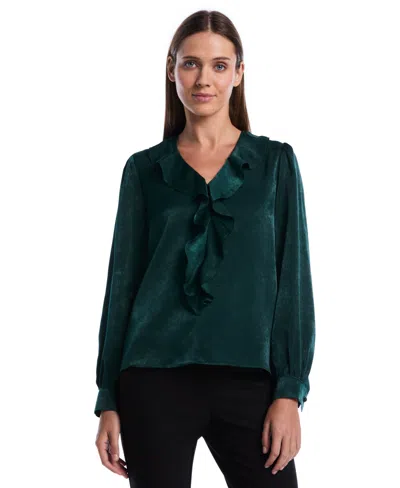 Rafaella Petite Puff-sleeve V-neck Ruffle Blouse In Green