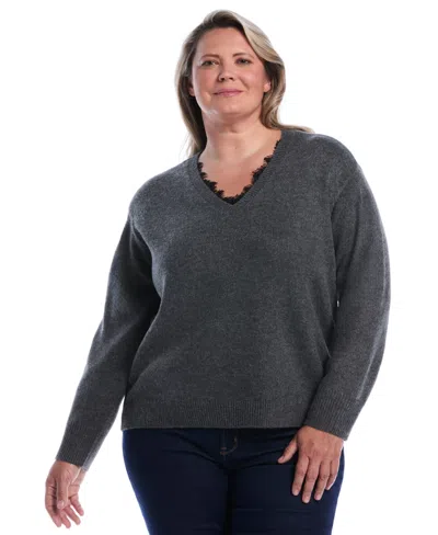 Rafaella Plus Size Lace Trim V-neck Long-sleeve Sweater In Gray