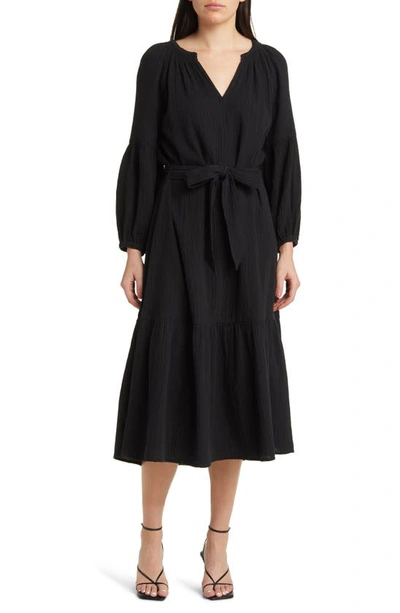 Rails Vittoria Long Sleeve Double Organic Cotton Gauze Midi Dress In Black