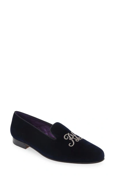 Ralph Lauren Purple Label Alonzo Monogram Velvet Loafer In Navy/ Silver