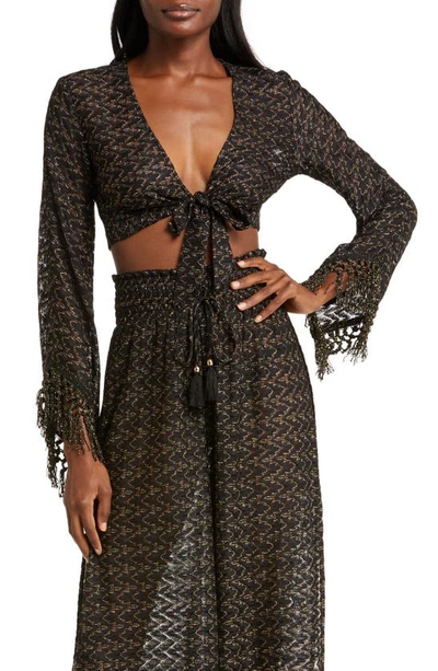 Ramy Brook Elvira Lace Metallic Cover-up Top In Black Zigzag