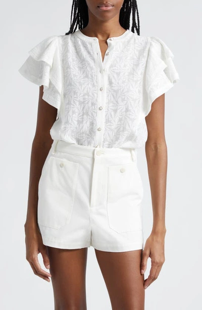 Ramy Brook Giavanna Tiered Ruffle Sleeve Button-up Top In White Springtime Burnout