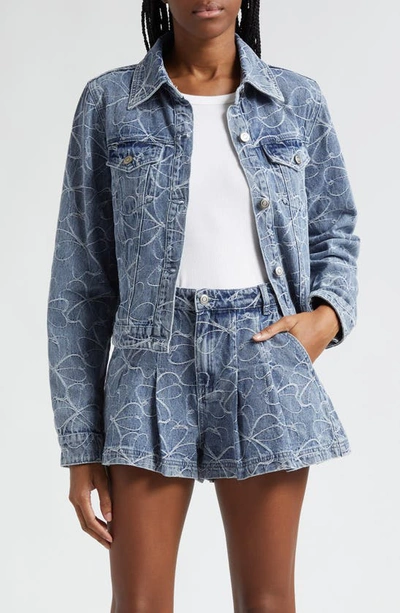 Ramy Brook Hoff Embroidered Floral Denim Trucker Jacket In Indigo Embossed Floral Denim