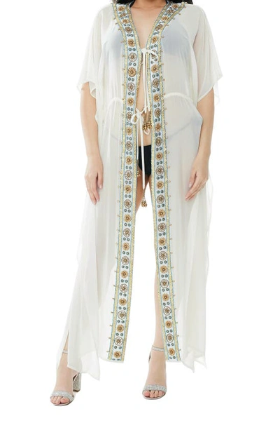 Ranee's Embellished Mesh Woven Kaftan Coverup In White