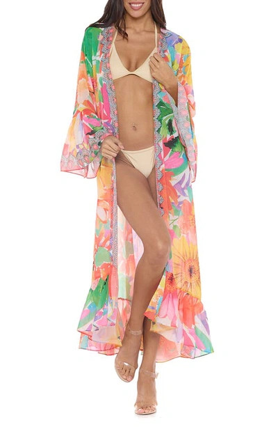 Ranee's Floral Print Ruffle Sleeve Duster In Orange