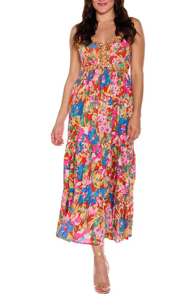 Ranee's Floral Sequin Trim Cotton Maxi Dress In Multi