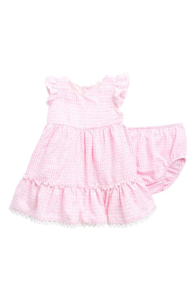 Rare Editions Babies'  Gingham Eyelet Tiered Dress & Panties Set In Pink