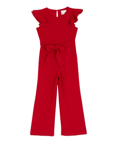 Rare Editions Kids' Girls' 7-16 Wide-leg Flutter-sleeve Waist-tie Jumpsuit In Red