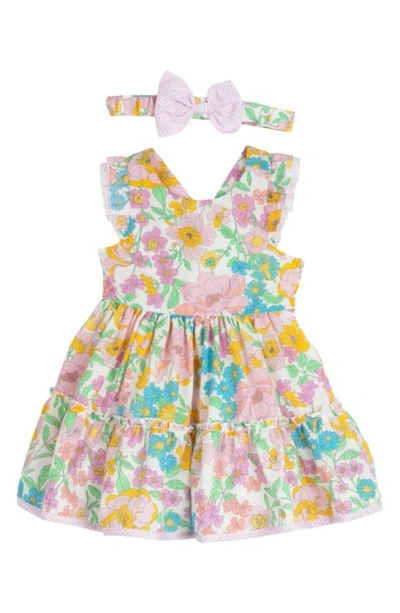 Rare Editions Kids' Floral Dress & Bow Headband Set In Pink