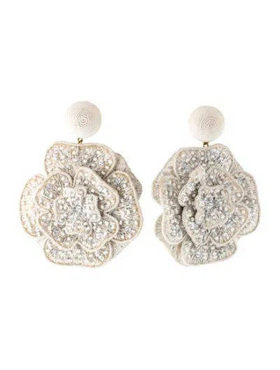 Pre-owned Rebecca De Ravenel Fabric, Silk Cord, & Glass Bead Flora Drop Earrings In Neutrals/silver/white