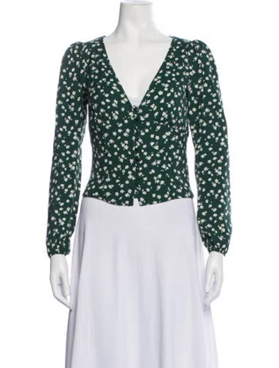 Pre-owned Reformation Floral Print V-neck Blouse In Green