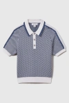Reiss Brunswick - Blue Teen Geometric Design Knitted Polo Shirt, Uk 13-14 Yrs