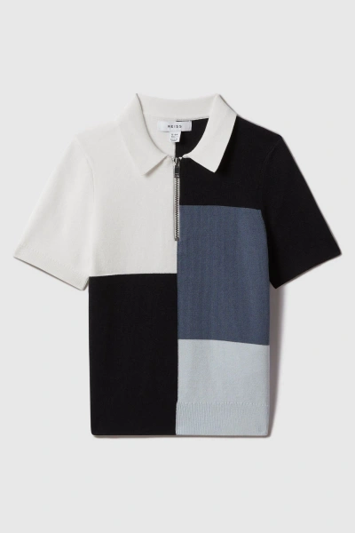 Reiss Delta - Blue Teen Colourblock Half-zip Polo Shirt, Uk 13-14 Yrs