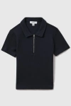 Reiss Kids' Felix - Navy Textured Cotton Half-zip Polo Shirt,