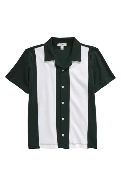 Reiss Kids' Skade Colourblock Short Sleeve Cotton Button-up Shirt In Green/ Ecru