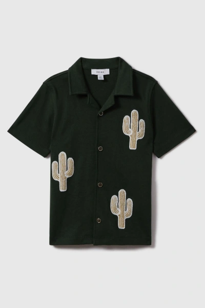 Reiss Stan - Dark Green Cotton Cactus Patch Cuban Collar Shirt, Uk 13-14 Yrs