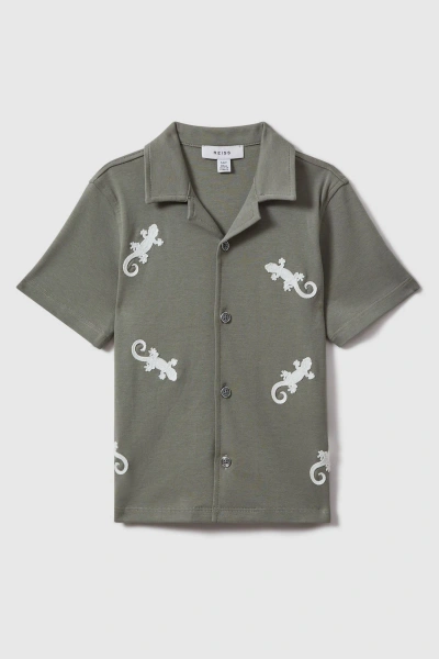 Reiss Thar - Sage/white Cotton Reptile Patch Cuban Collar Shirt, Uk 13-14 Yrs