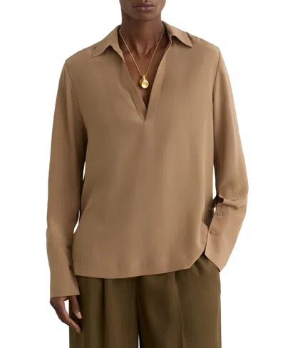 Reiss Women's Maria Open-collar Long-sleeve Silk Blouse In Camel