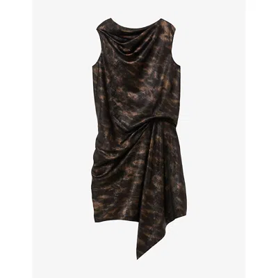 Reiss Womens Abstract-print Draped Metallic-woven Mini Dress Black Gold