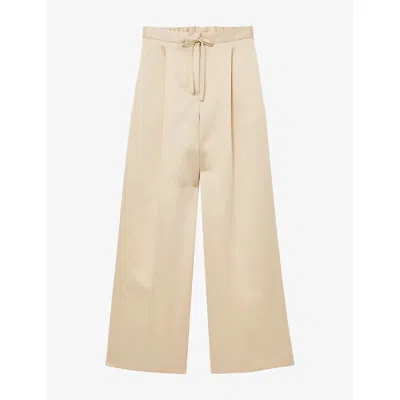 Reiss Womens Cream Ellen Drawstring Wide-leg Stretch Satin Trousers In Neutral