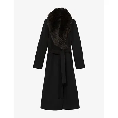 Reiss Womens Francesca Faux-fur Collar Long Wool-blend Coat Black