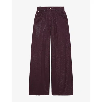 Reiss Womens Jas Sparkle Wide-leg Denim-blend Jeans Burgundy