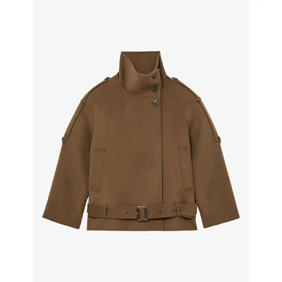 Reiss Womens Lea Funnel-neck Wool-blend Coat Khaki Green