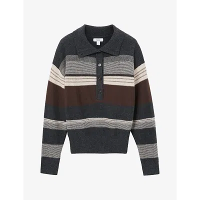 Reiss Womens Mabel Striped Button-neck Wool And Cashmere Jumper Charcoal Grey Xs