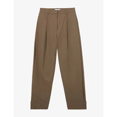 Reiss Womens Magnus Barrel-leg Stretch-woven Trousers Khaki Green