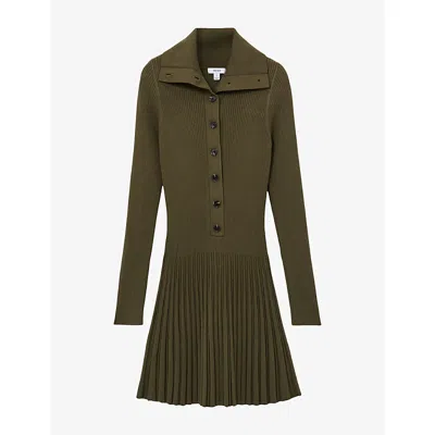 Reiss Womens Nieve Pleated Knitted Mini Dress Khaki Green