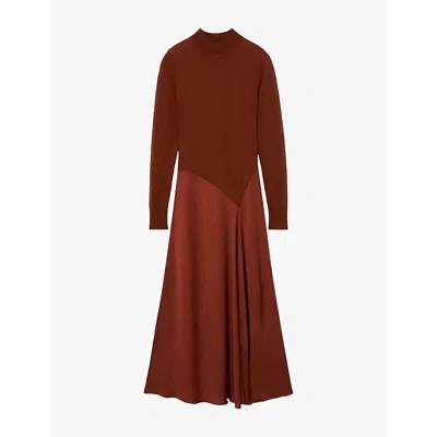 Reiss Womens Nora High-neck Knitted Woven Midi Dress Rust Orange