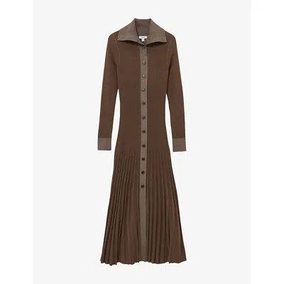 Reiss Womens Nova Colour-blocked Knitted Midi Dress Mocha Brown Xs