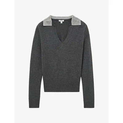 Reiss Womens Raven Crystal-collar Wool And Cashmere-blend Jumper Grey Xs