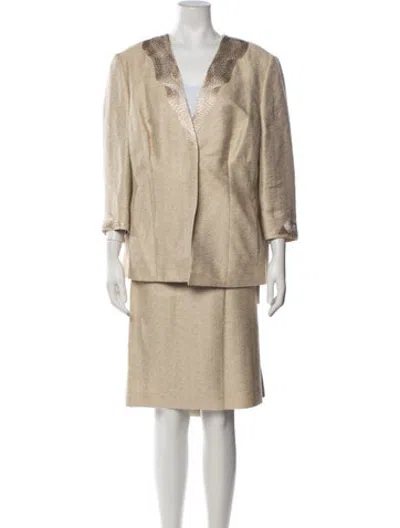 Pre-owned Rena Lange Embroidered Accent Skirt Suit In Neutrals