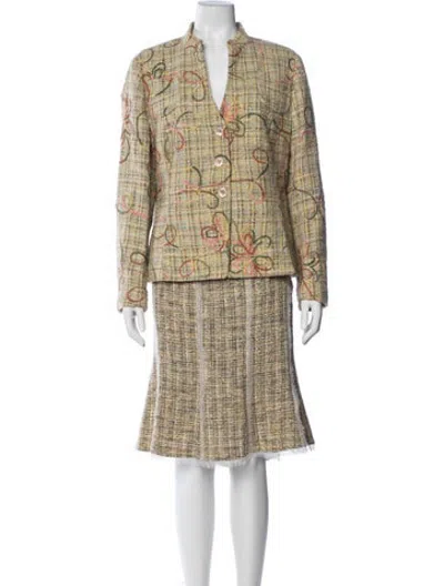 Pre-owned Rena Lange Tweed Pattern Raw-edge Trim Skirt Set In Green