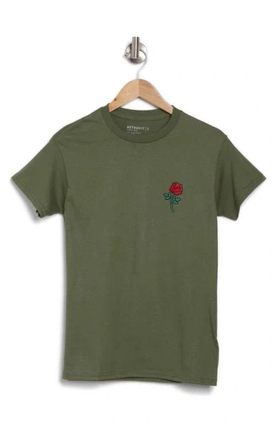 Retrofit Rose Embroidery Cotton T-shirt In Military Green